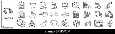 Comprehensive set of black outline vector icons related to logistics, shipping, delivery, warehousing, and supply chain management. Features trucks, p Stock Vector