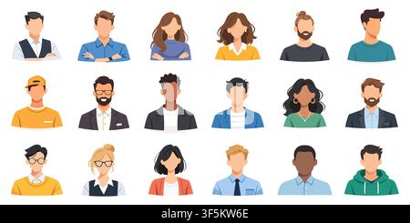 Set of flat vector user avatars representing diverse men and women of various ethnicities, styles, and professions. Includes portraits with different Stock Vector