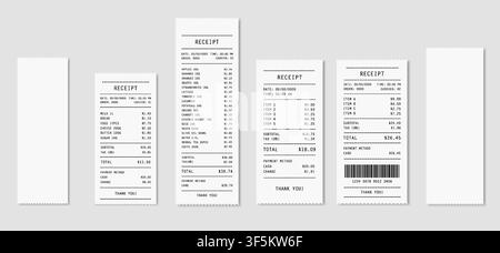 Cash receipts featuring itemized purchases, taxes, totals, barcodes, and blank paper rolls with perforated edges. Perfect for retail, shopping, financ Stock Vector