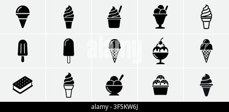 Set of black vector ice cream icons featuring various types of frozen treats, including waffle cones, soft serve, ice lollies on a stick, sundae cups, Stock Vector