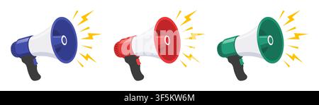 Set of three colorful vector megaphones and loudspeakers in blue, red, and green colors with sound waves and lightning symbols. Ideal for announcement Stock Vector