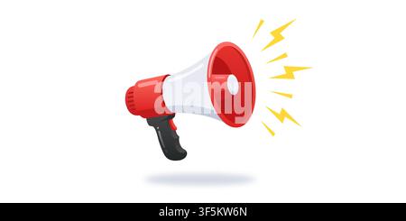 Vector illustration of a red and white megaphone loudspeaker with sound waves and lightning symbols, isolated on a white background. Perfect for annou Stock Vector
