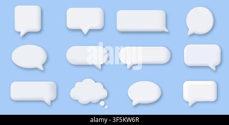 Set of 3D white speech bubbles and thought bubbles of various shapes and sizes with soft shadows on a light blue background. Perfect for UI UX design, Stock Vector