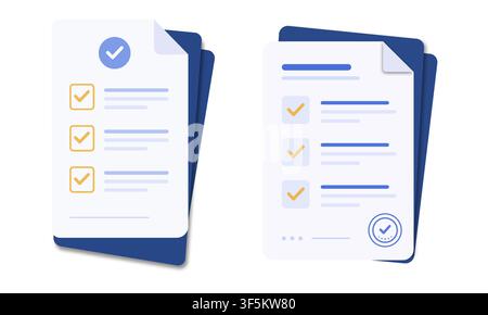 Set of vector illustrations featuring stacks of documents, papers, and folders with checklist forms, checkmarks, stamps, and signatures. Ideal for bus Stock Vector