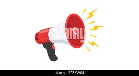 Vector illustration of a red and white megaphone loudspeaker with sound waves and lightning symbols, isolated on a white background. Perfect for annou Stock Vector