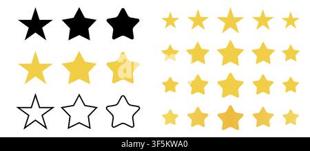 Set of vector star icons and rating symbols in various styles, including black, yellow, filled, outline, sharp, and rounded shapes. Perfect for review Stock Vector