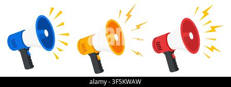 Set of three vector megaphones and loudspeakers in blue, orange, and red colors with sound waves and lightning symbols, isolated on a white background Stock Vector