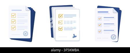 Set of vector illustrations featuring stacks of documents, papers, and folders with checklist forms, checkmarks, stamps, and signatures. Ideal for bus Stock Vector