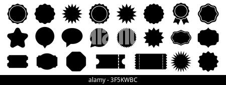 Set of black vector badges, labels, tags, sticker shapes, starbursts, ribbons, and ticket silhouettes. Perfect for discounts, sales, promotional offer Stock Vector