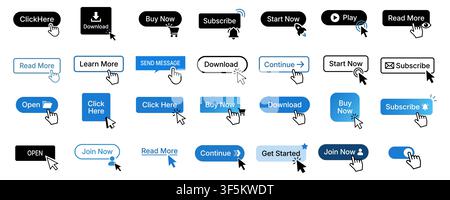 Set of vector call-to-action buttons, user interface elements, website links, and click cursors in black and blue styles. Perfect for web design, e-co Stock Vector
