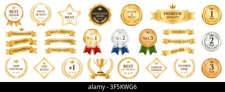 Set of vector golden medals, award ribbons, winner badges, seals, trophies, and premium quality labels in gold, silver, and bronze colors. Perfect for Stock Vector