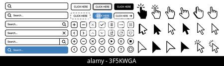 Set of vector search bars, user interface buttons, navigation icons, and mouse pointer cursors in various styles including outline, solid, and pixel a Stock Vector