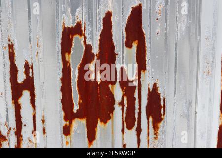 Abstract texture of weathered galvanized metal siding featuring vibrant orange and deep crimson streaks of heavy rust patterns across the scratched co Stock Photo