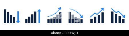 Set of eight vector business growth charts, financial progress diagrams, and statistics icons with upward and downward arrows, bar graphs, and trend l Stock Vector