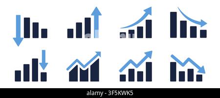 Set of eight vector business growth charts, financial progress diagrams, and statistics icons with upward and downward arrows, bar graphs, and trend l Stock Vector
