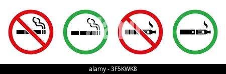 Set of vector electronic cigarette and regular cigarette icons with red prohibition circles and green permission circles. Perfect for public places, s Stock Vector