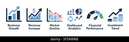 Set of vector business icons representing business growth, revenue increase, market decline, dashboard analytics, financial performance, and investmen Stock Vector