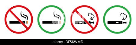 Set of vector electronic cigarette and regular cigarette icons with red prohibition circles and green permission circles. Perfect for public places, s Stock Vector