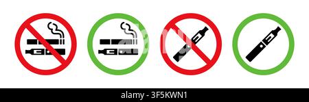 Set of vector electronic cigarette and regular cigarette icons with red prohibition circles and green permission circles. Perfect for public places, s Stock Vector