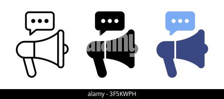 Set of three vector megaphone icons with speech bubbles and typing dots in outline, solid black, and colorful red-blue styles. Perfect for announcemen Stock Vector