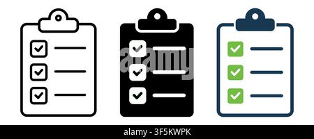 Set of three vector clipboard icons with checklists, checkboxes, and checkmarks in outline, solid black, and blue-green color styles. Perfect for task Stock Vector