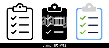 Set of three vector clipboard icons with checklists, checkboxes, and checkmarks in outline, solid black, and blue-green color styles. Perfect for task Stock Vector