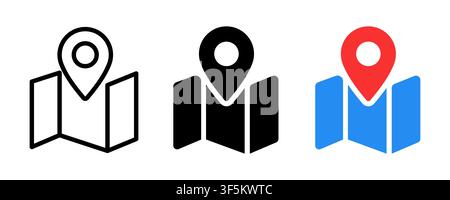 Set of three vector icons featuring a folded map with a location pin in outline, solid black, and colorful illustrated styles. Perfect for GPS navigat Stock Vector
