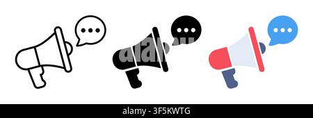 Set of three vector megaphone icons with speech bubbles and typing dots in outline, solid black, and colorful red-blue styles. Perfect for announcemen Stock Vector
