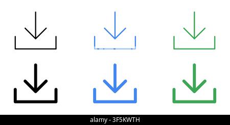 Set of vector download icons with downward arrows and trays in thin outline, bold line, black, blue, and green styles. Perfect for user interfaces, we Stock Vector