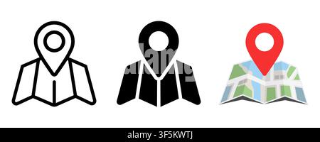 Set of three vector icons featuring a folded map with a location pin in outline, solid black, and colorful illustrated styles. Perfect for GPS navigat Stock Vector