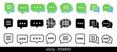 Set of vector speech bubble and chat message icons featuring various shapes, typing dots, lines, and styles in green, black, and outline designs. Perf Stock Vector