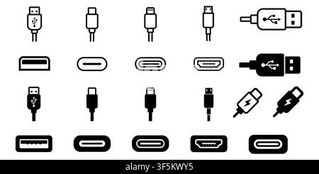 Set of vector icons depicting various USB cable connectors, ports, Type-C, Lightning, and micro-USB plugs in outline and solid black styles. Perfect f Stock Vector