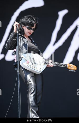 Brighton UK. 2 Aug 2026. The Manchester indie-pop band, Pale Waves, performing at Brighton's Pride on the Park on its 35th anniversary. (Pictured: lead singer, Heather Baron-Gracie) Stock Photo