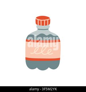 Reusable plastic beverage water bottle with red cap vector illustration. Flat hydration element for summer sports, outdoor travel graphics, and Stock Vector