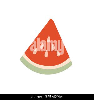 Flat watermelon slice vector illustration with seeds and pale green rind. Cute summer fruit element for party decorations, menus, stickers, and Stock Vector
