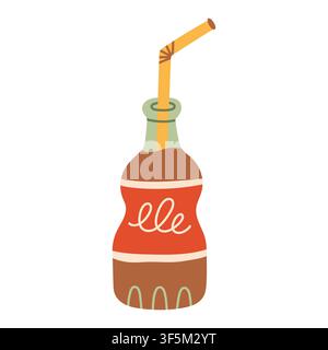 Cold brew iced coffee glass bottle with a straw vector illustration. Flat sweet caffeine beverage element for summer cafe menus, coffee shops, and Stock Vector