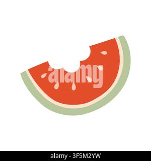 Fresh bitten watermelon slice vector illustration with seeds and green rind. Flat sweet summer fruit graphic element for beach party decor, menus, and Stock Vector