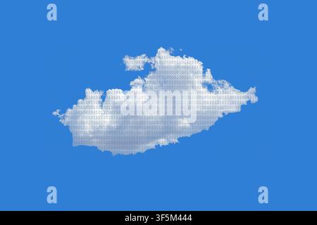 Cumulus cloud with binary data against blue sky. Concept of cloud computing. Stock Photo