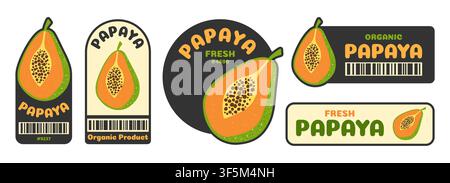 Fruit papaya label set. Trendy Colorful retro badges with organic fresh text for supermarket, farm shop and grocery packaging. Cartoon flat barcode sticker design. Vector illustration collection Stock Vector