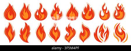 Fire flame icon cartoon set. Bonfire, campfire, fireball and wildfire symbols. Hot burning blaze sign icon logo, branding and graphic design. Vector illustration cartoon collection Stock Vector