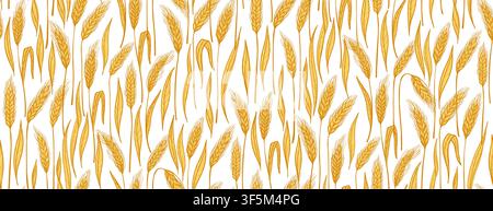 Golden wheat ear background seamless pattern. Cereal grain spikelet stalk for bakery bread beer packaging design endless boundless background. Agriculture harvest farm Vector template wrapper backdrop Stock Vector