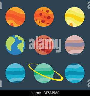 Colorful flat style solar system planets collection featuring simple space objects with clean shapes, ideal for education, science, astronomy, and cre Stock Vector