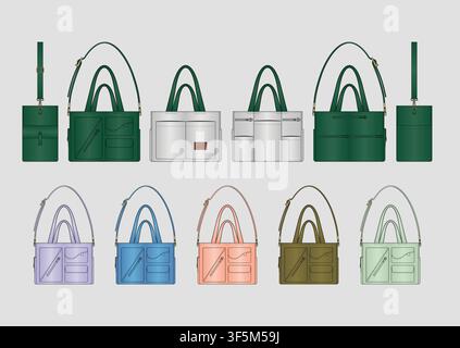 Premium Multi Pocket Tote Handbag Technical Flat Vector Template with Front Back Side Views Adjustable Shoulder Strap Multiple Color Variations Stock Vector