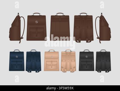 Professional Heritage Leather Backpack Product Mockup Vector Featuring Multi View Technical Drawing Top Closure Adjustable Shoulder Straps Stock Vector