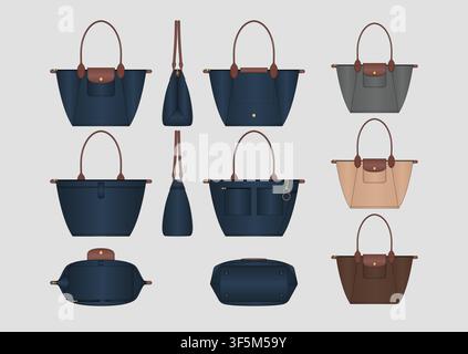 Luxury Everyday Women's Tote Handbag Technical Drawing with Multi View Fashion Flat Design, Leather Handle Details and Interior Pocket Layout Stock Vector