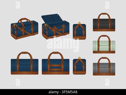 Professional Fashion Tech Pack for Luxury Travel Duffle Bag with Multi View Construction, Leather Handle System, Detachable Shoulder Strap Stock Vector