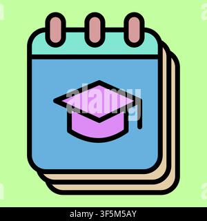 Bright calendar with graduation cap icon. Colorful design for education or academic themes. Simple flat style appeals to young learners or educators. Stock Vector