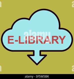 Light blue cloud with bold red text "E-LIBRARY" inside. Black outline frames the cloud shape neatly. Arrow points downward beneath the cloud. Solid mu Stock Vector