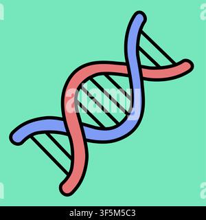 DNA double helix illustrated in bold colors. Red and blue strands twist elegantly together. Simple outline style stands out against mint green backgro Stock Vector