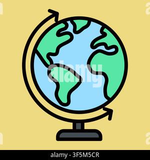 Stylized globe shows continents with clean lines. Earth rotates on a simple stand against a soft yellow background. Design uses bold outlines and flat Stock Vector